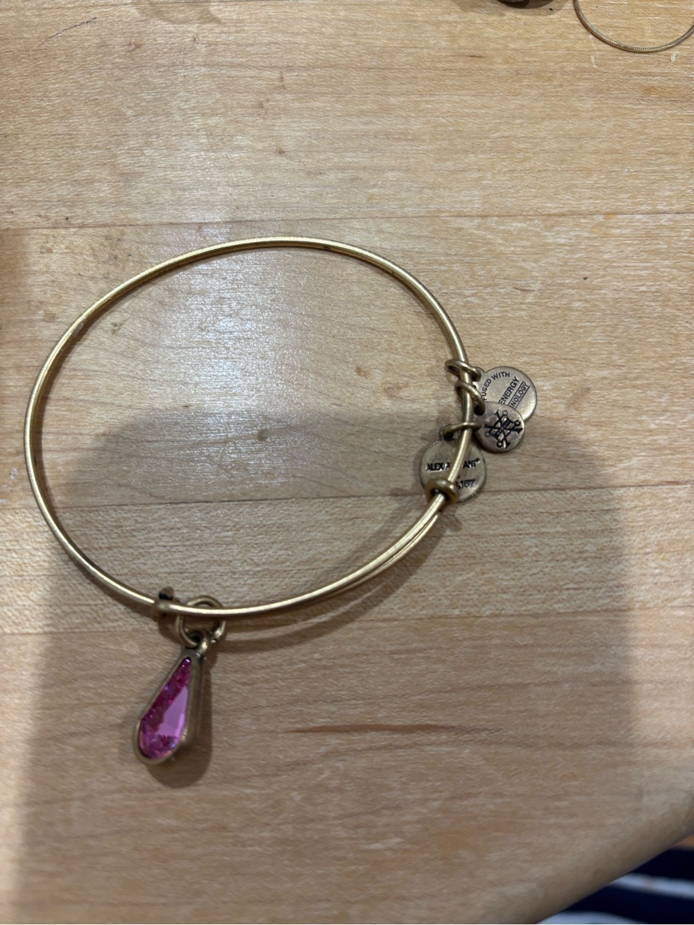 Alex and Ani Gold Tone Bangle with Pink Teardrop Charm